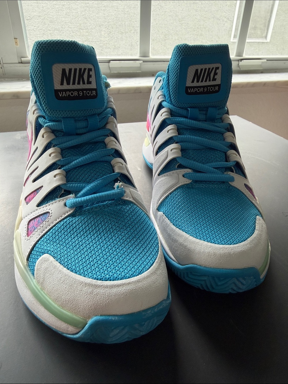Nike ID woman’s tennis shoes Vapor 9 Tour Sneakers - Teal Blue, White, Pink